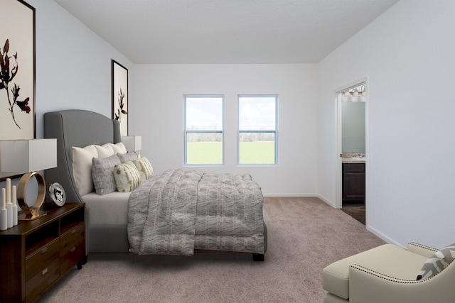 bedroom featuring baseboards, light carpet, and connected bathroom