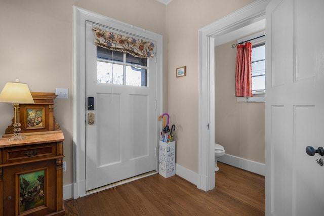 entryway with a wealth of natural light, dark wood finished floors, and baseboards