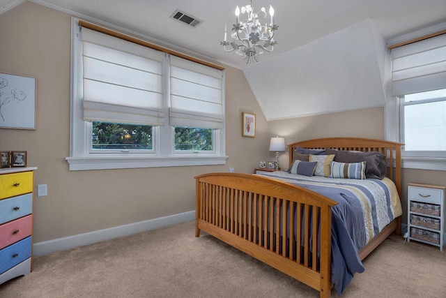 carpeted bedroom featuring lofted ceiling, baseboards, visible vents, and a chandelier