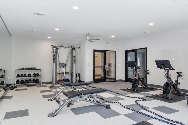 exercise area featuring visible vents, recessed lighting, french doors, baseboards, and ceiling fan