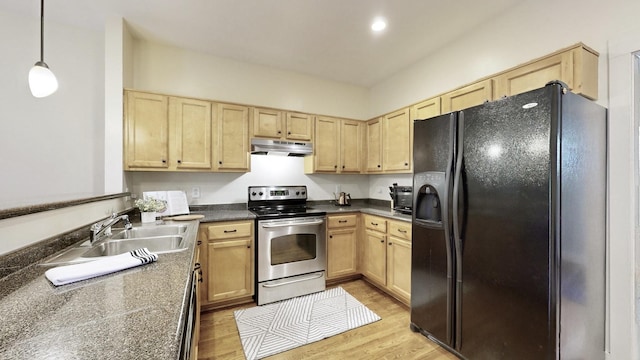 kitchen featuring under cabinet range hood, black fridge with ice dispenser, stainless steel electric stove, and light brown cabinets