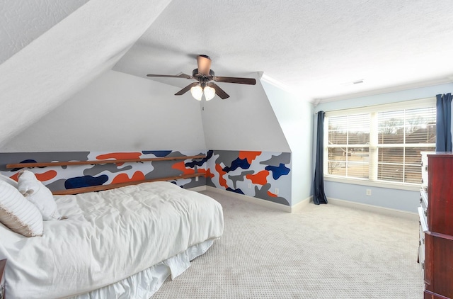 bedroom featuring visible vents, baseboards, a textured ceiling, and carpet flooring