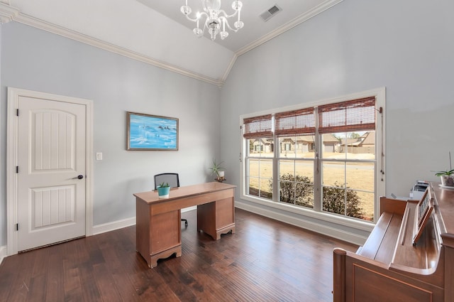 home office with visible vents, a notable chandelier, ornamental molding, dark wood-style floors, and lofted ceiling