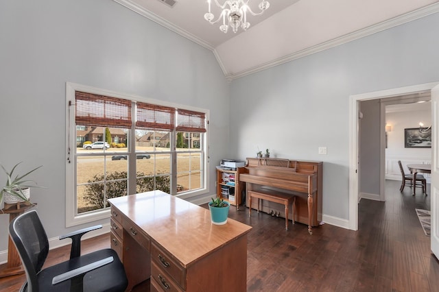 office space with dark wood finished floors, crown molding, baseboards, a chandelier, and vaulted ceiling