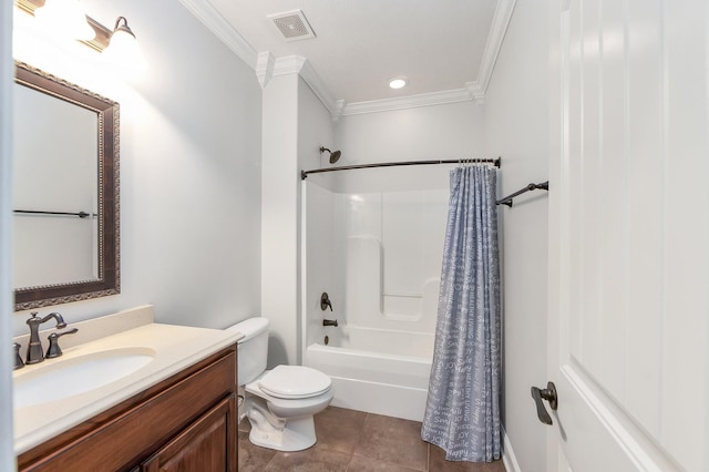 bathroom featuring vanity, crown molding, toilet, and visible vents