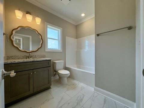 bathroom featuring baseboards, toilet, ornamental molding, marble finish floor, and vanity