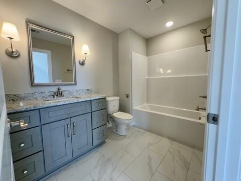 bathroom featuring visible vents, toilet, marble finish floor, tub / shower combination, and vanity