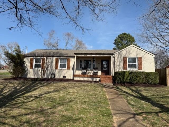 single story home featuring a porch, a front lawn, and fence