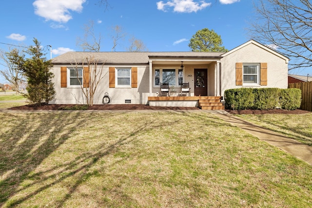 single story home with fence, covered porch, a front yard, crawl space, and brick siding