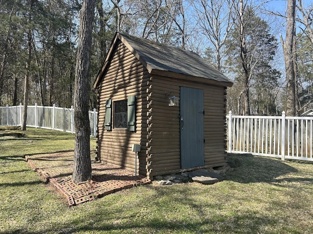 view of shed with a fenced backyard