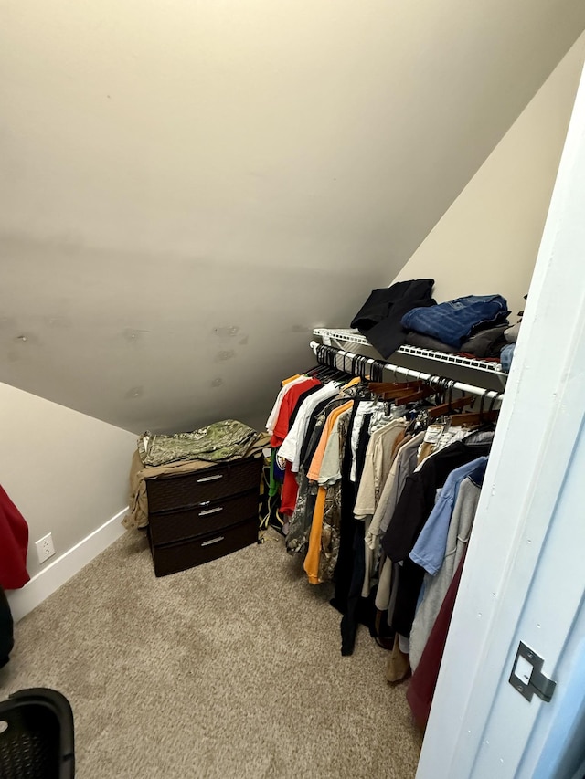 walk in closet with carpet flooring and lofted ceiling