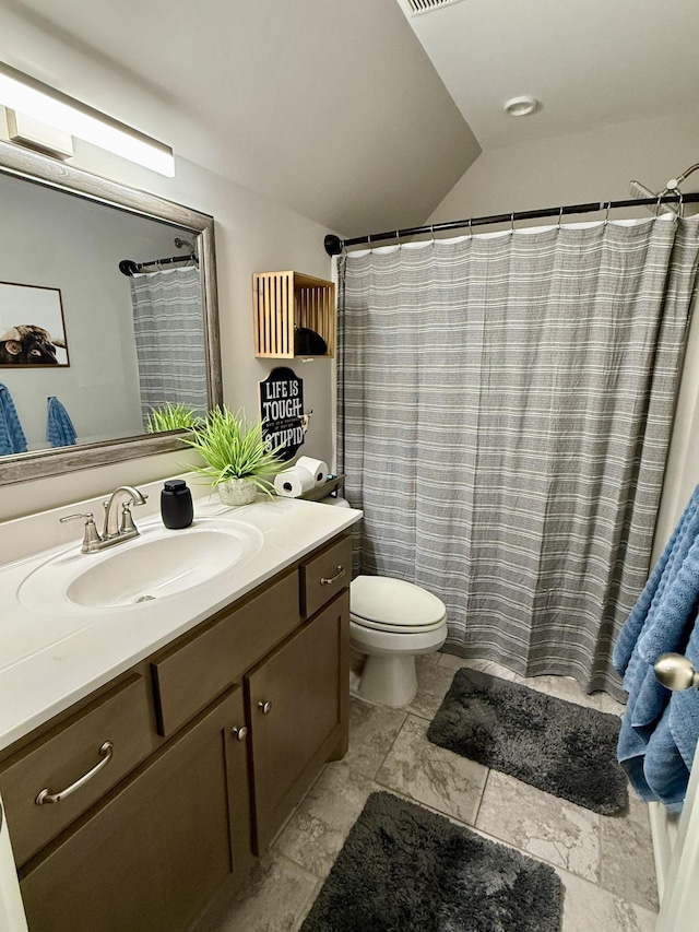 full bath featuring visible vents, toilet, and vanity
