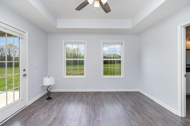 spare room featuring plenty of natural light, dark wood-style flooring, a tray ceiling, and a ceiling fan