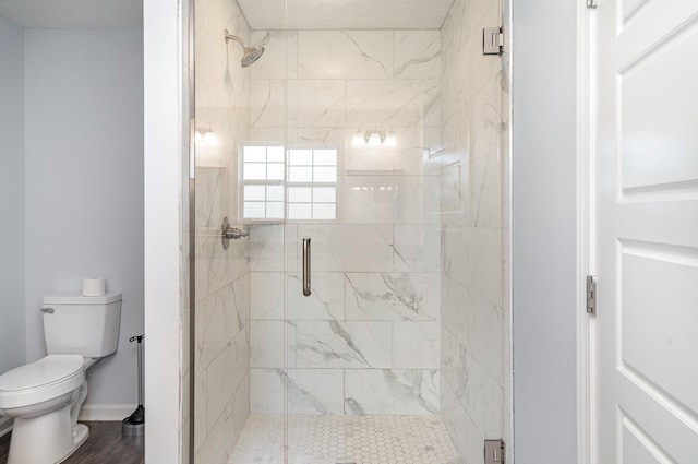 bathroom with toilet and a stall shower