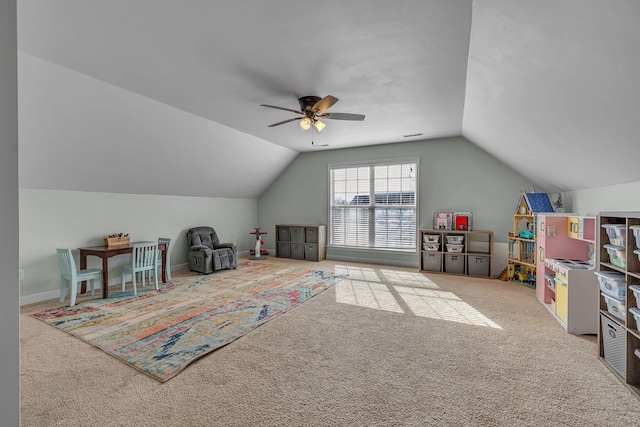 game room with baseboards, lofted ceiling, a ceiling fan, and carpet floors