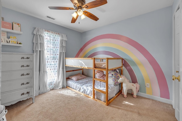 bedroom with visible vents, ceiling fan, baseboards, and carpet floors