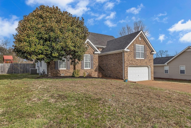 view of front of house featuring driveway, a front lawn, fence, a garage, and brick siding