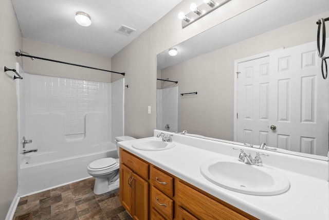 full bathroom with a sink, visible vents, toilet, and  shower combination