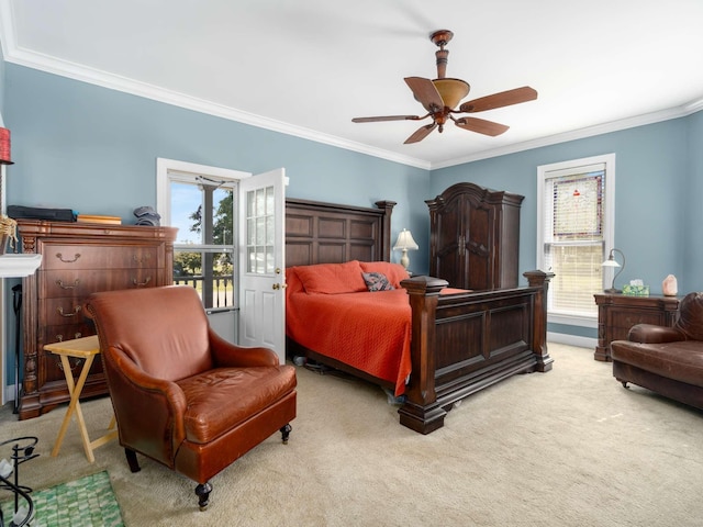 carpeted bedroom with crown molding, multiple windows, and a ceiling fan