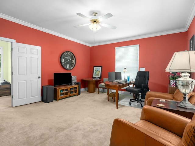 home office featuring ornamental molding, ceiling fan, and carpet floors