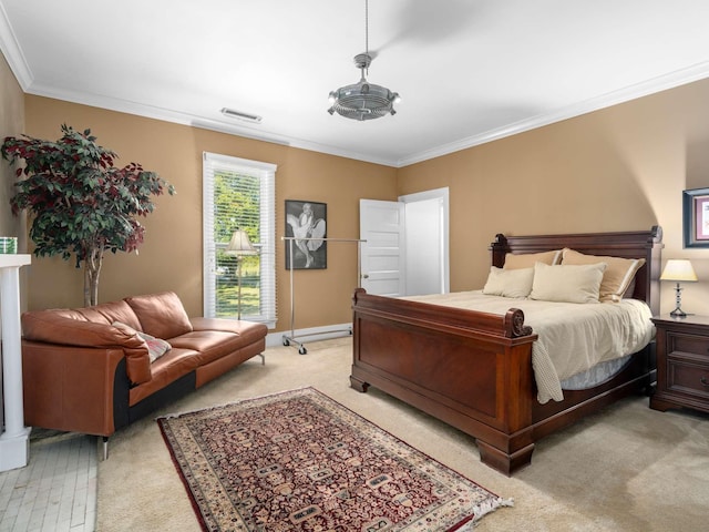 bedroom featuring visible vents, light colored carpet, and ornamental molding