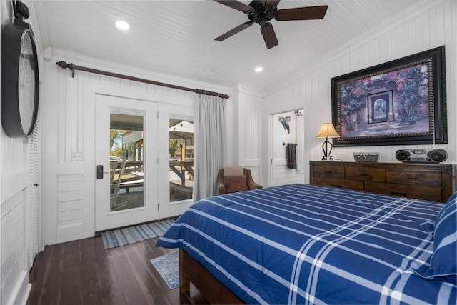 bedroom featuring ornamental molding, a ceiling fan, hardwood / wood-style flooring, access to outside, and lofted ceiling