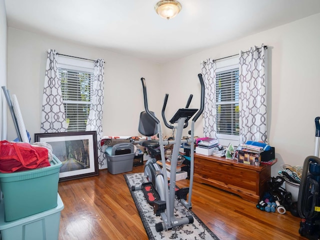 exercise room with wood-type flooring