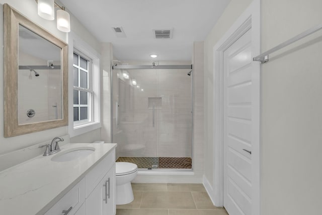 bathroom with vanity, visible vents, a stall shower, tile patterned floors, and toilet