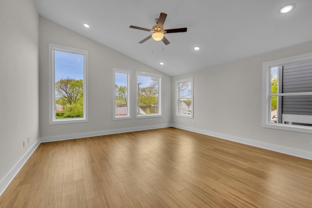 spare room with wood finished floors, a healthy amount of sunlight, and lofted ceiling