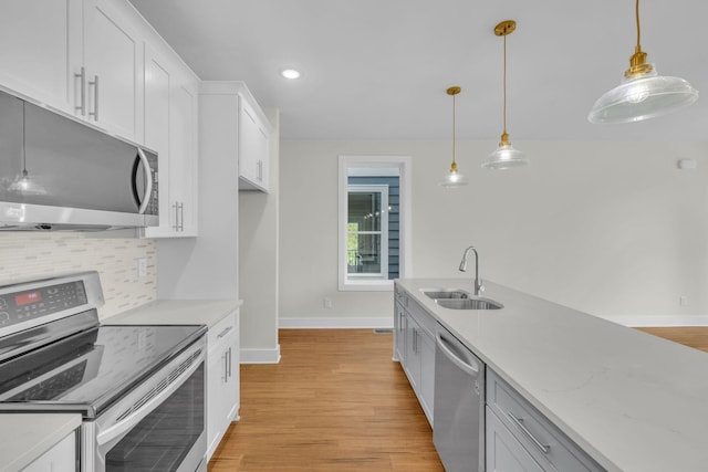 kitchen featuring light wood finished floors, a sink, decorative backsplash, appliances with stainless steel finishes, and white cabinetry