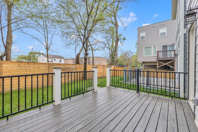 wooden deck with a lawn and a fenced backyard