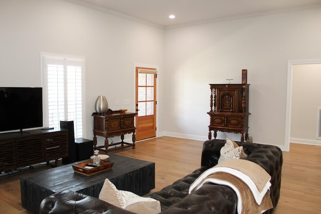 living area featuring baseboards, plenty of natural light, crown molding, and light wood finished floors