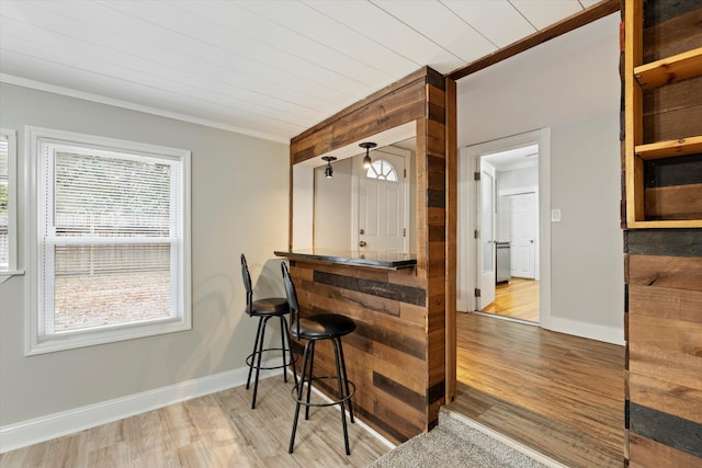 bar with crown molding, wood finished floors, baseboards, and indoor bar