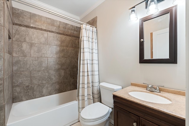 bathroom with toilet, ornamental molding, vanity, and shower / bath combination with curtain