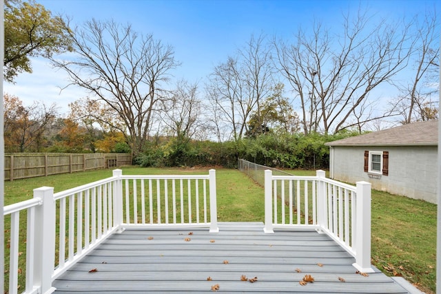 deck with a lawn and a fenced backyard