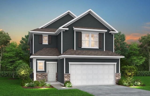 craftsman-style home featuring stone siding, an attached garage, concrete driveway, and a shingled roof