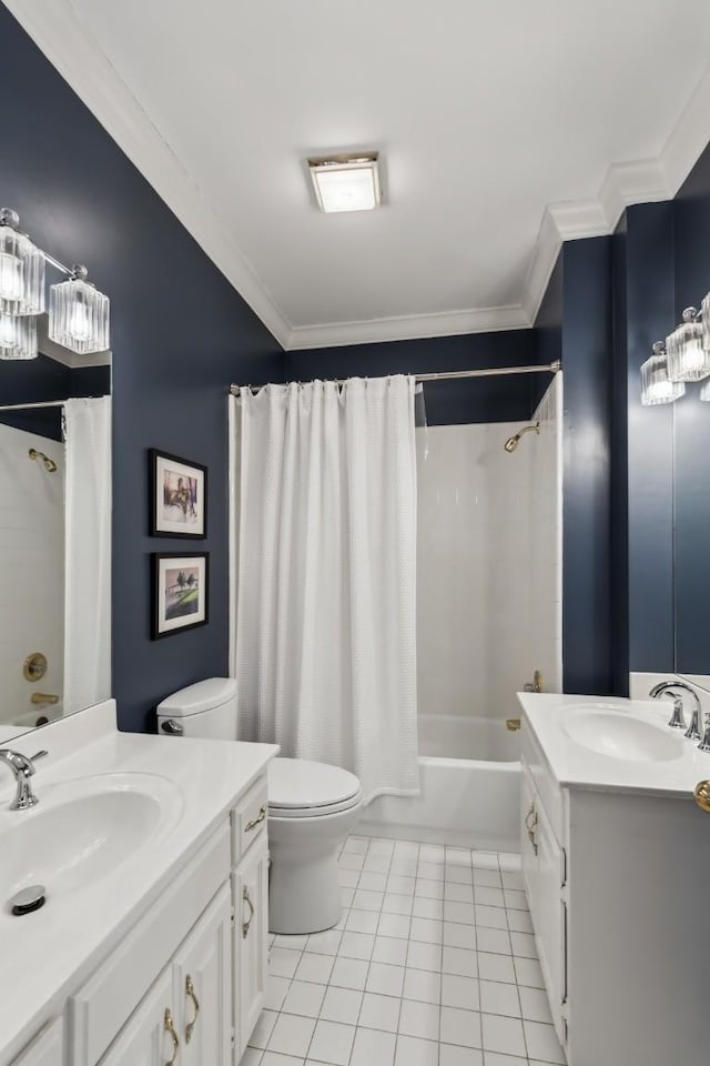 full bathroom featuring crown molding, toilet, tile patterned floors, shower / bath combination with curtain, and vanity