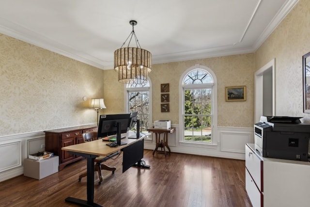 office space with an inviting chandelier, dark wood-style floors, wainscoting, and ornamental molding