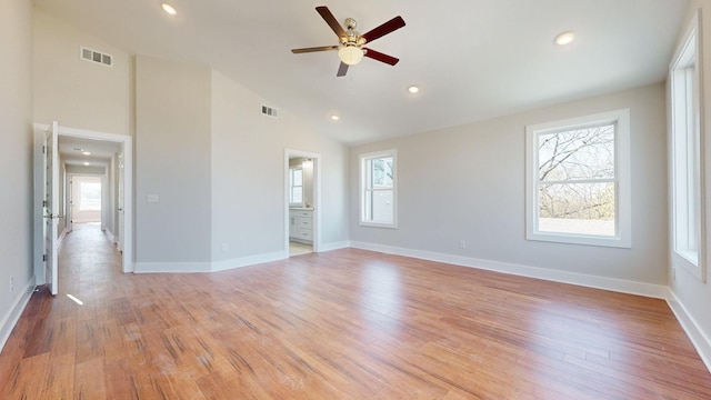 unfurnished room featuring recessed lighting, light wood-style floors, visible vents, and ceiling fan