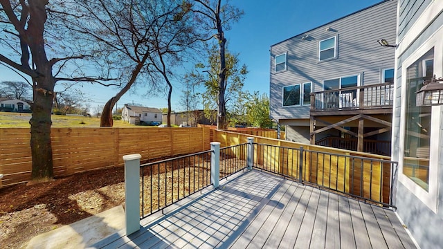 wooden deck with a fenced backyard