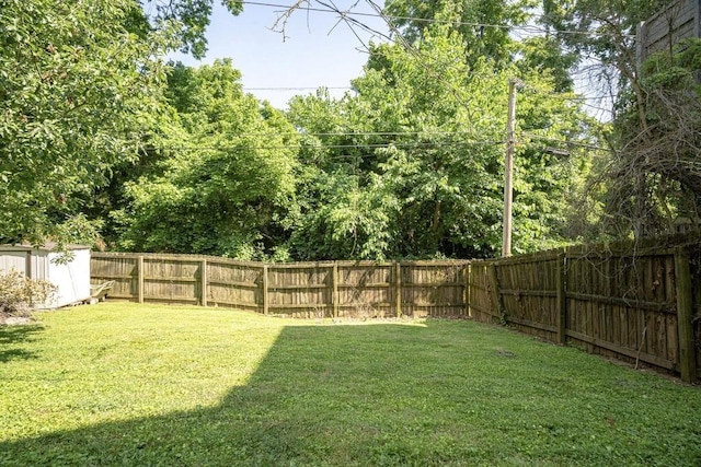 view of yard featuring a storage shed, an outdoor structure, and a fenced backyard