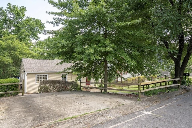 view of front of property with a fenced front yard and roof with shingles