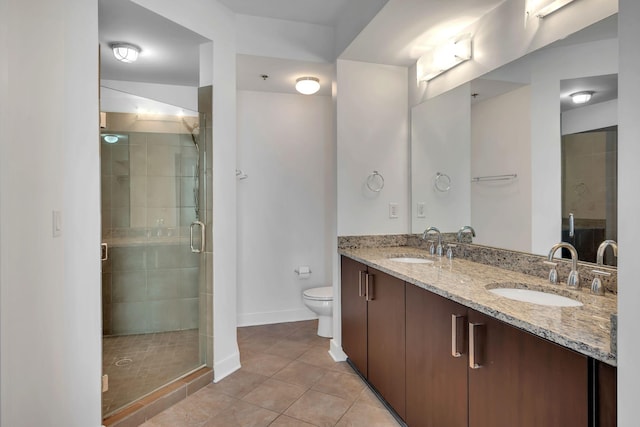 full bathroom with tile patterned floors, toilet, a shower stall, and a sink