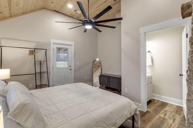 bedroom with wood finished floors, visible vents, baseboards, high vaulted ceiling, and wood ceiling