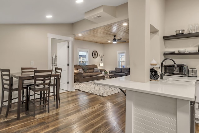 kitchen with visible vents, dark wood-type flooring, ceiling fan, recessed lighting, and open shelves