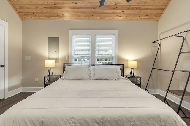 bedroom featuring dark wood finished floors, wooden ceiling, electric panel, and baseboards