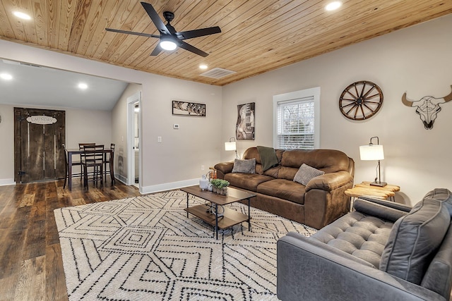 living area with wood ceiling, recessed lighting, wood finished floors, and ceiling fan