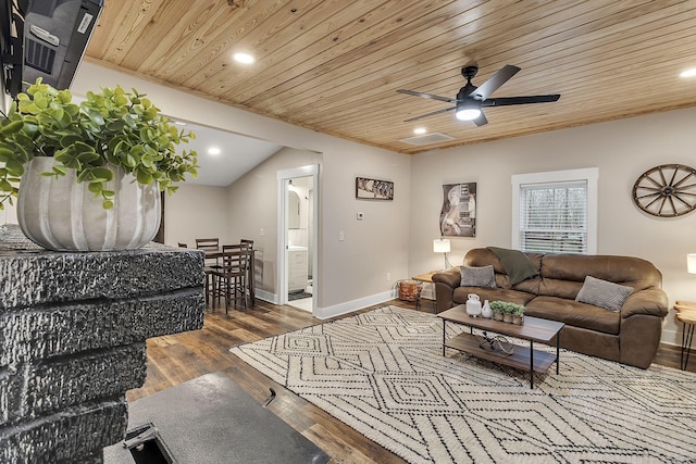 living room featuring a ceiling fan, wood finished floors, recessed lighting, wooden ceiling, and baseboards