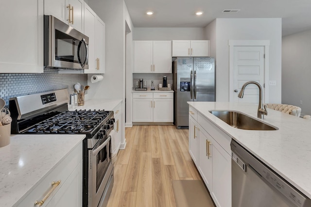 kitchen featuring backsplash, light wood-style floors, white cabinets, stainless steel appliances, and a sink