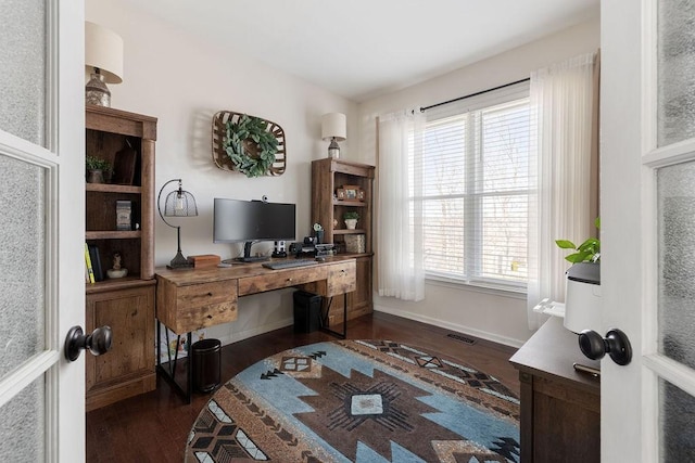 office area featuring dark wood-style floors, visible vents, and baseboards